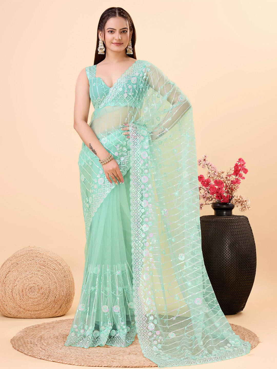 

HERE&NOW Floral Embroidered Net Saree, Turquoise blue