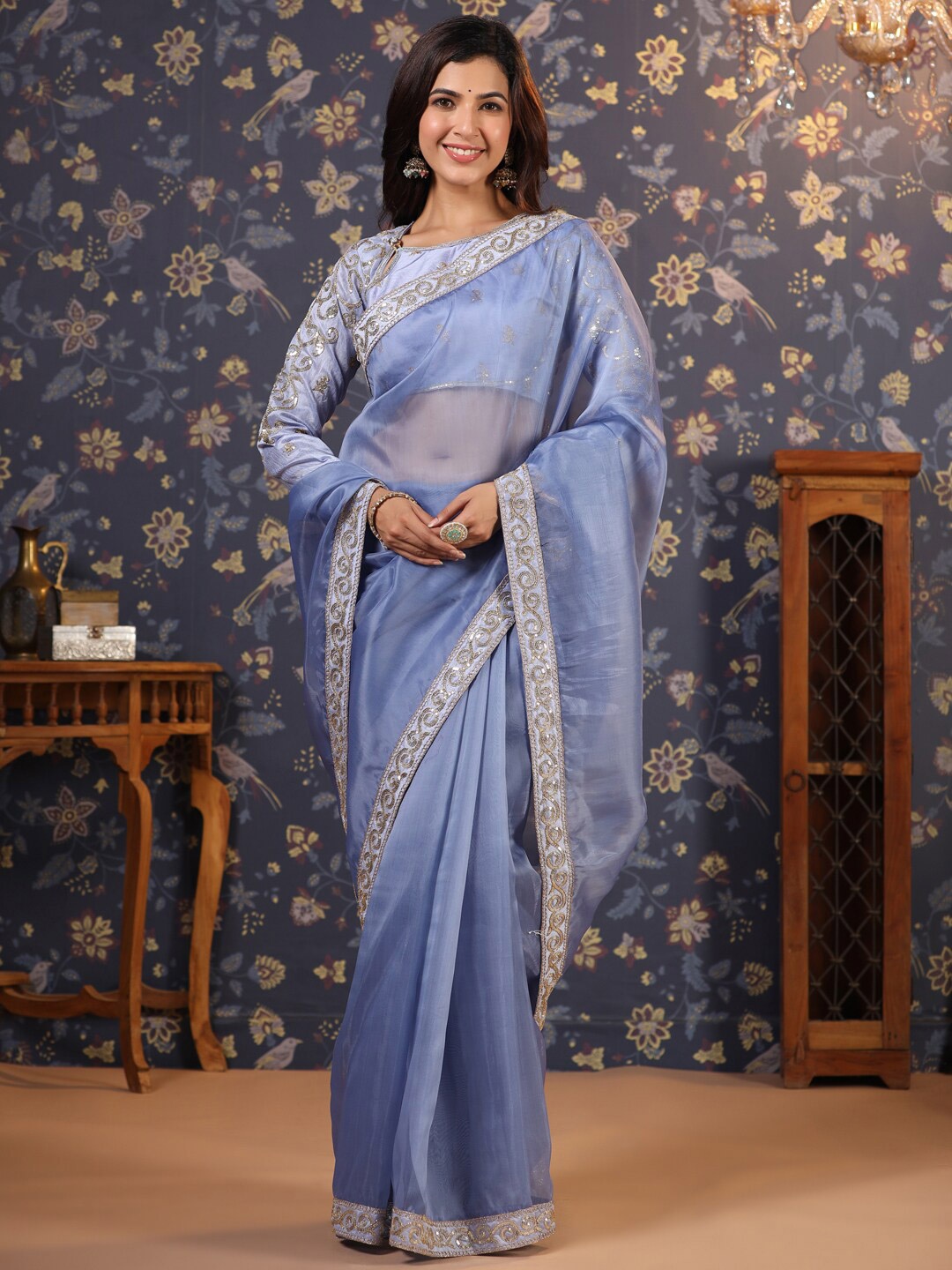 

House of Pataudi Embellished Patchwork Pure Organza Saree, Grey melange