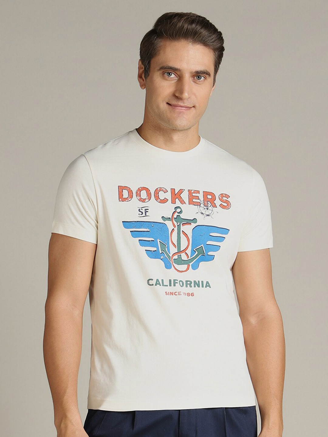 

Dockers Graphic Printed Round Neck Cotton Casual T-shirt, Beige