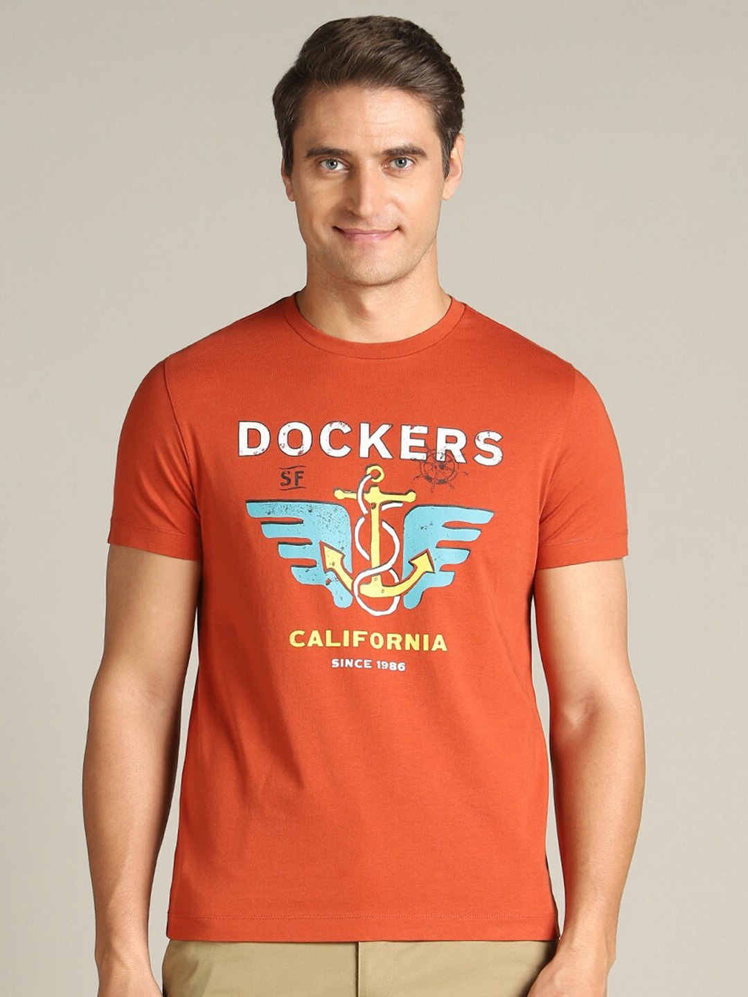 

Dockers Graphic Printed Round Neck Cotton Casual T-shirt, Red
