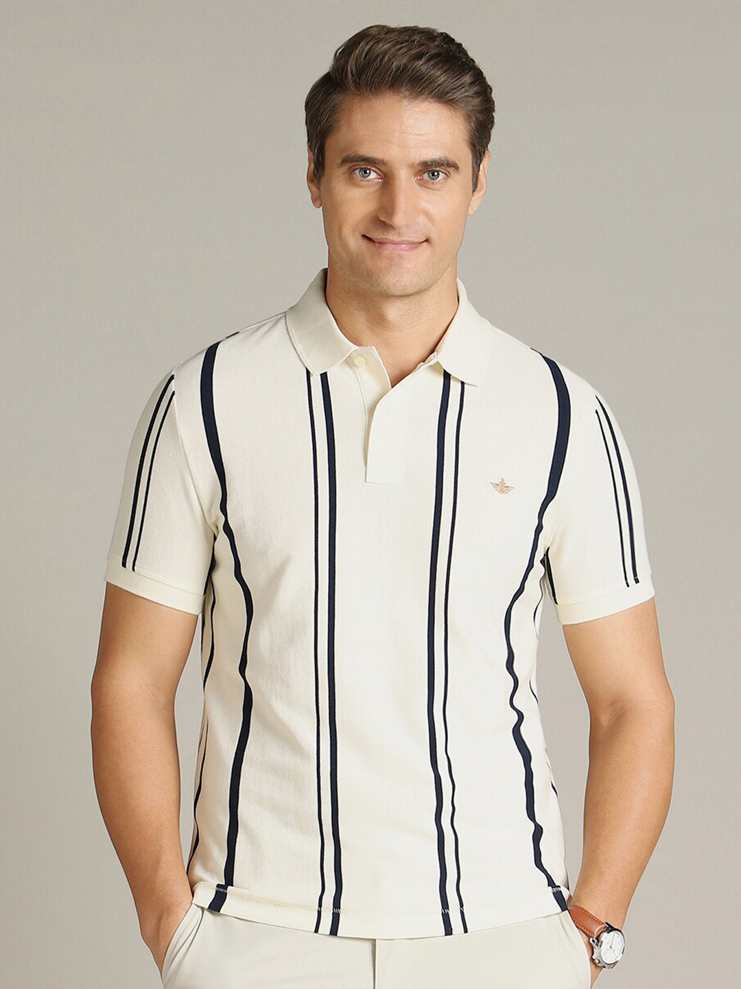 

Dockers Striped Polo Collar Cotton Classic Fit T-Shirt, Beige