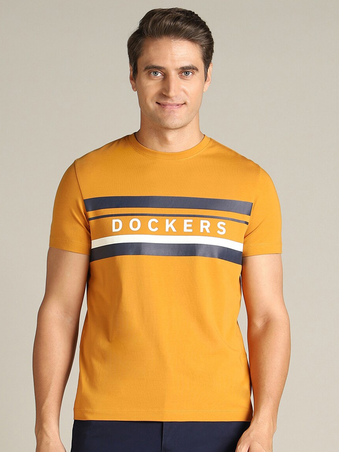 

Dockers Typography Printed Round Neck Cotton Casual T-shirt, Mustard