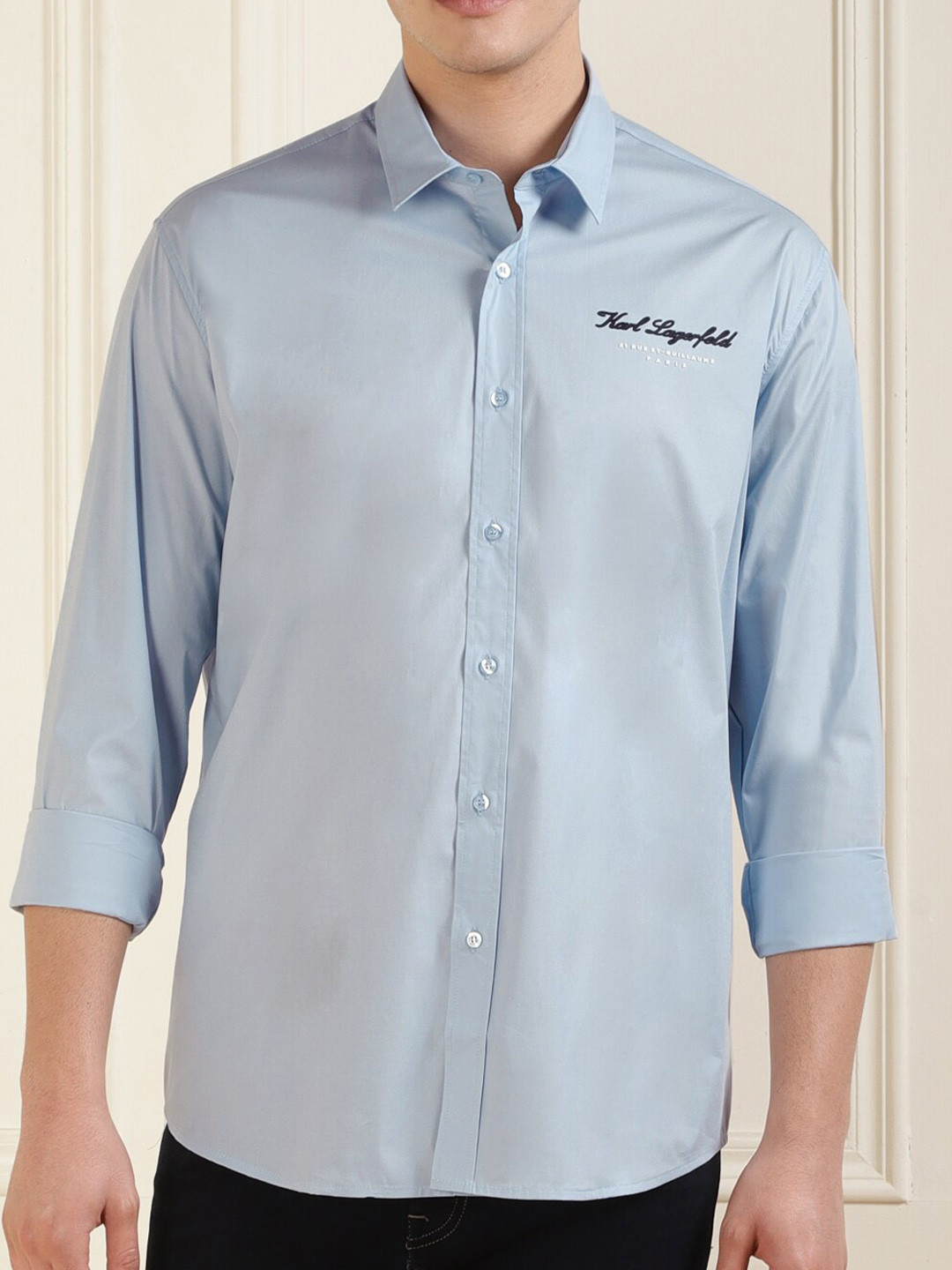 

Karl Lagerfeld Spread Collar Embroidered Formal Cotton Shirt, Blue