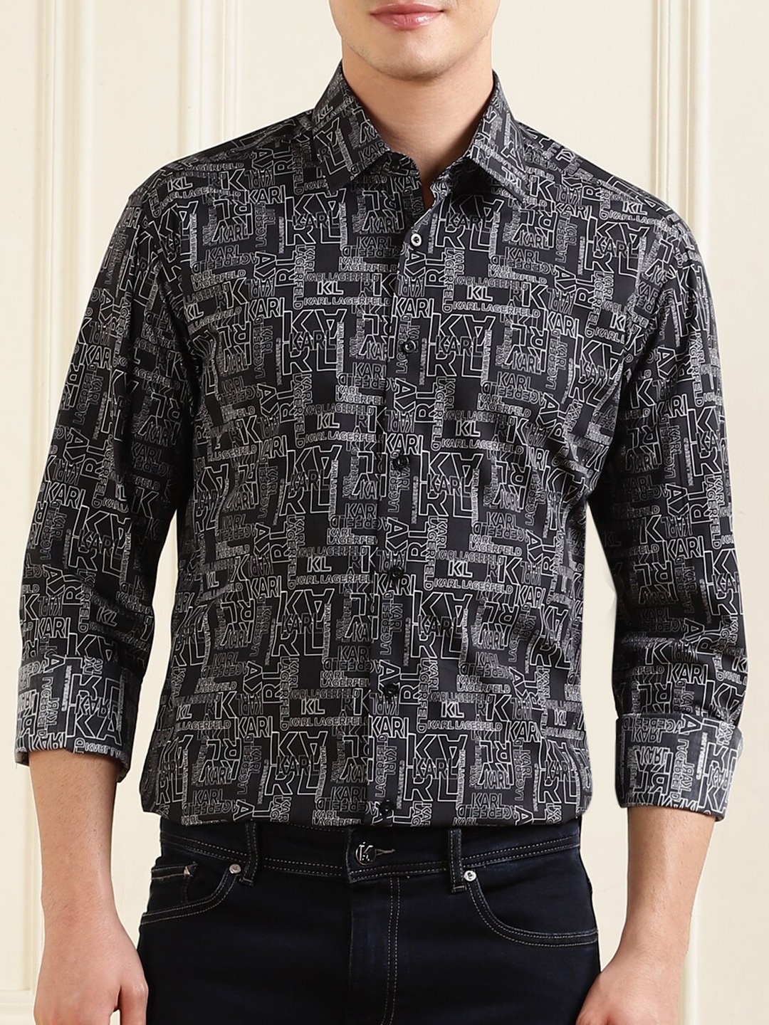 

Karl Lagerfeld Brand Logo Printed Formal Cotton Shirt, Black