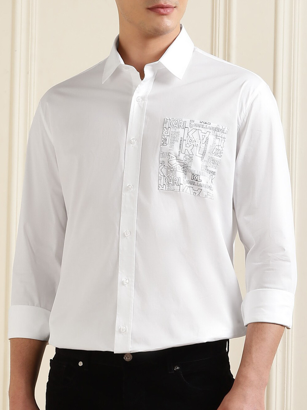 

Karl Lagerfeld Spread Collar Long Sleeves Cotton Formal Shirt, White