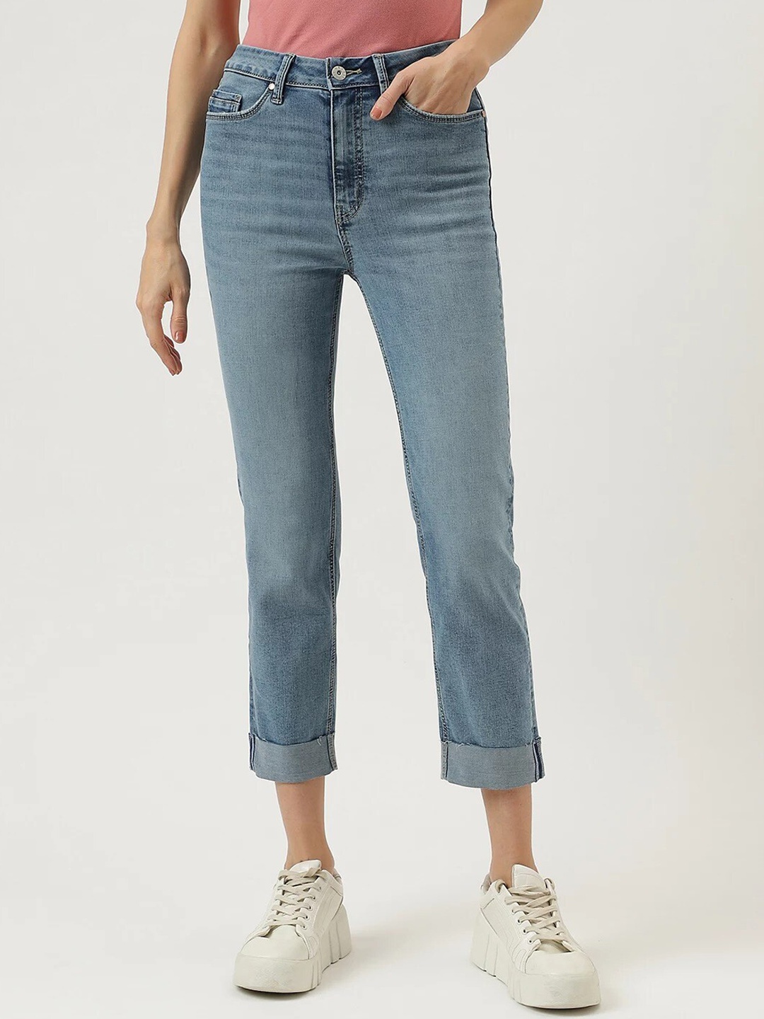 

Marks & Spencer Women Straight Fit High-Rise Light Fade Cropped Stretchable Jeans, Blue