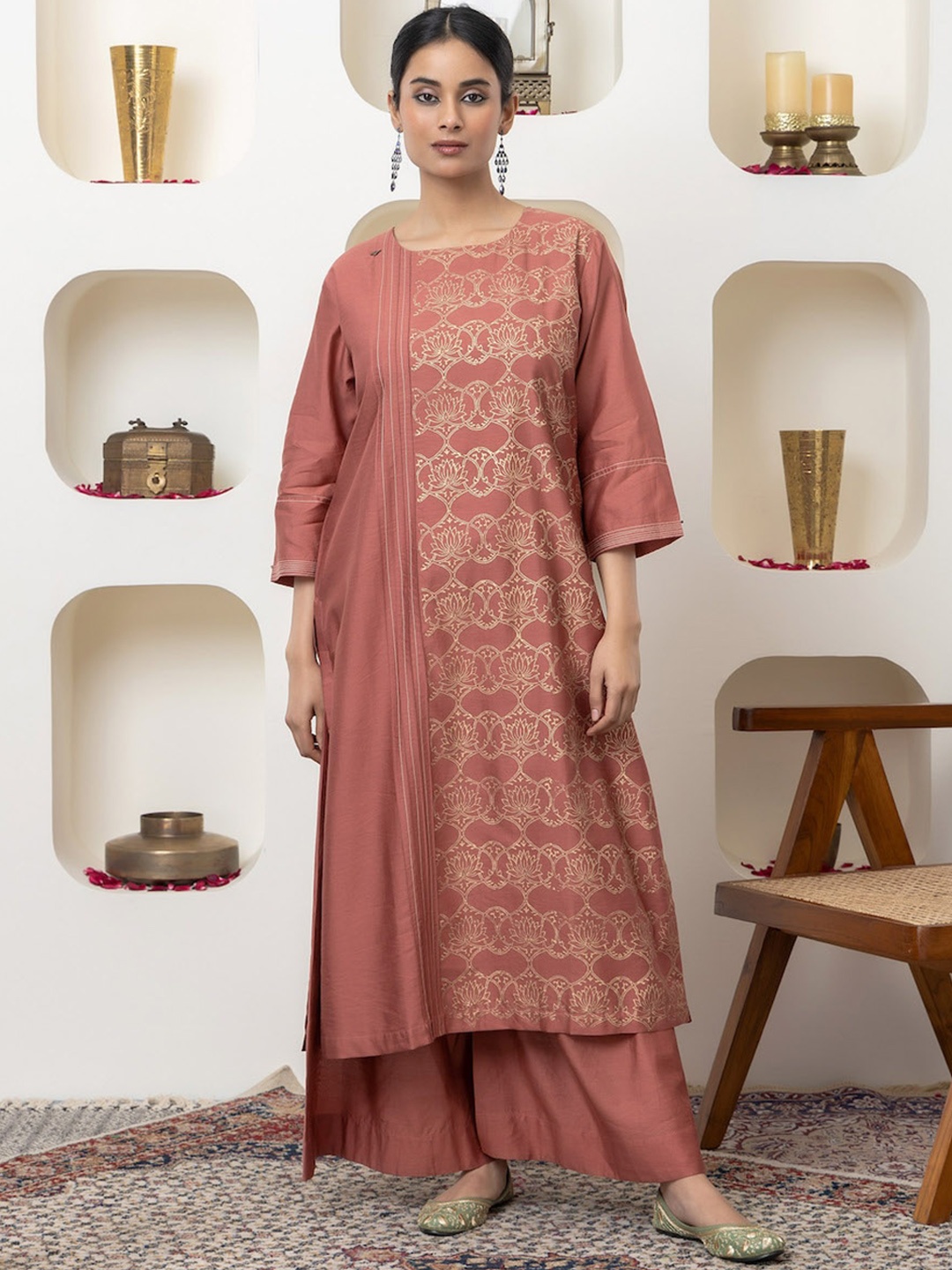 

SMRITI GUPTA Ethnic Motifs Printed Chanderi Silk Kurta, Rust