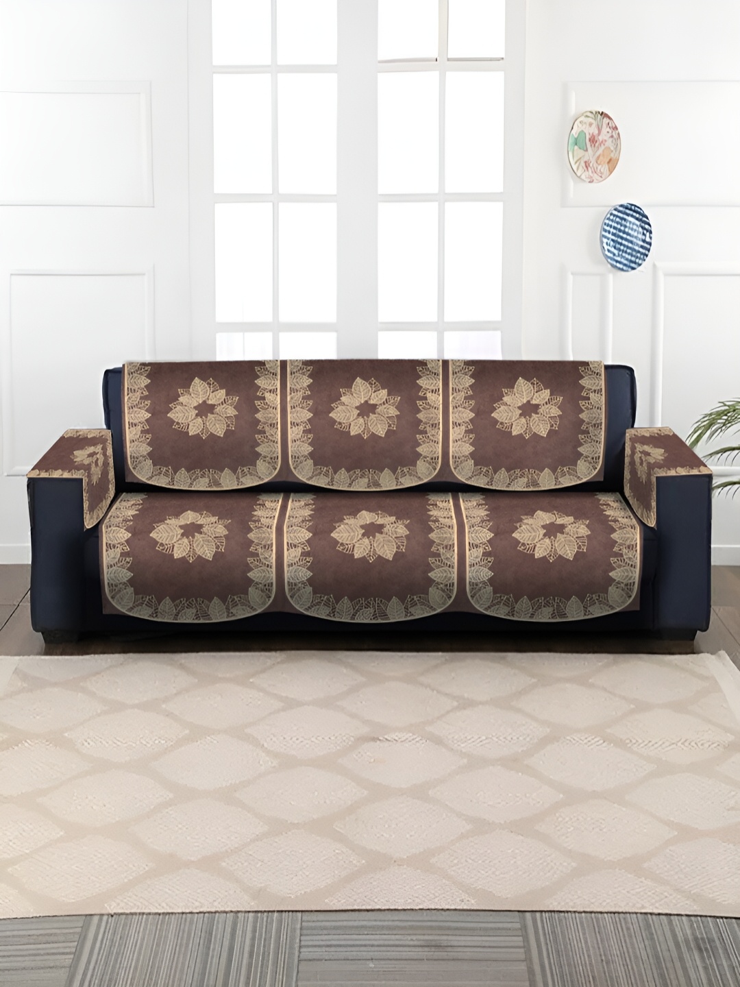 

HOSTA HOMES Coffee Brown Self Design Velvet 3 Seater Sofa Cover With Arms