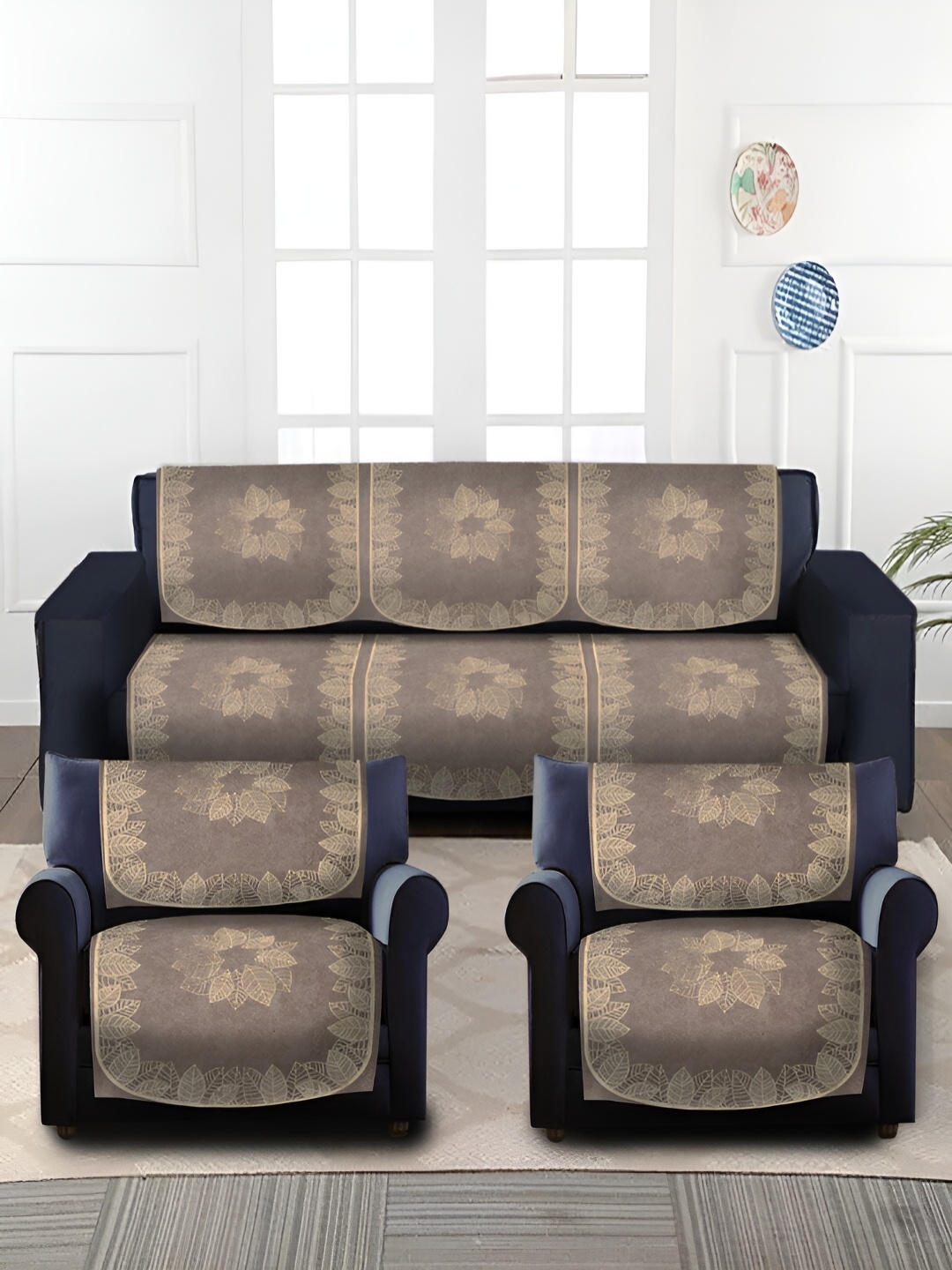 

HOSTA HOMES Brown and GoldToned 6 Pieces Velvet Sofa Cover