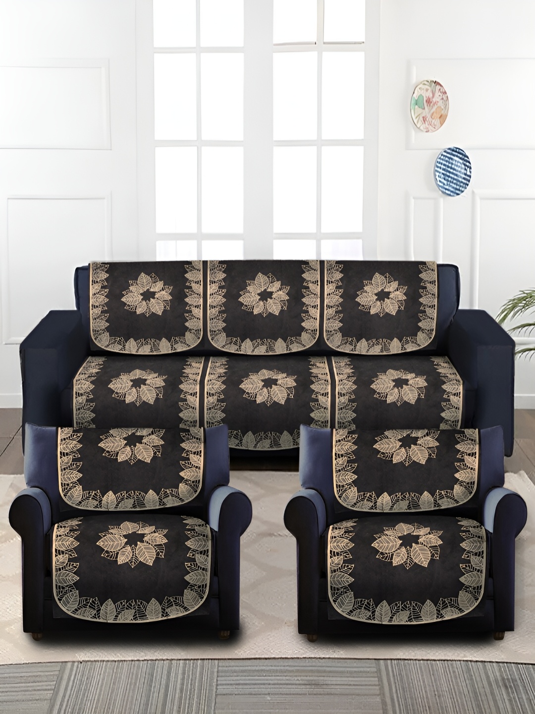 

HOSTA HOMES Black & Golden Foil 2 Pieces Self Design Velvet 6 Seater Sofa Cover