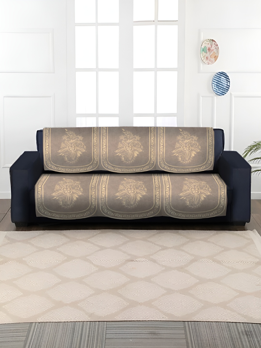 

HOSTA HOMES Brown Velvet 2 Piece Printed 3 Seater Sofa Cover