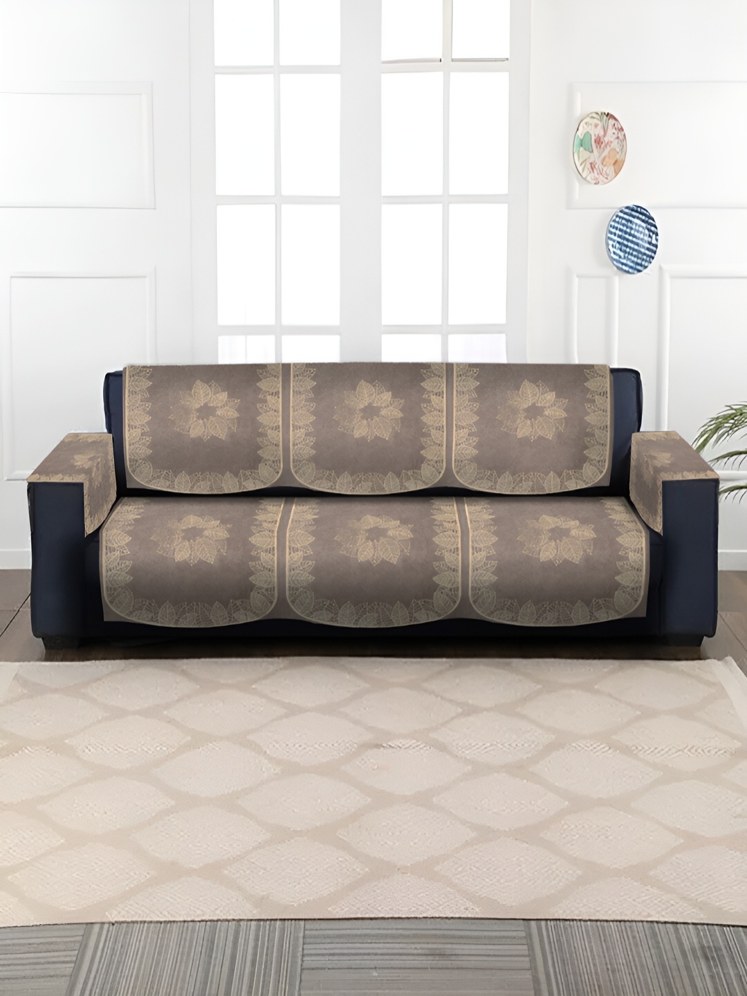 

HOSTA HOMES Brown 4 Pieces Golden Foil Velvet 3 Seater Sofa Cover With Arms