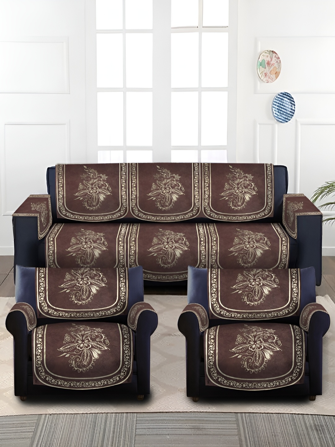 

HOSTA HOMES Coffee Brown & Beige Self Design Velvet 5 Seater Sofa Cover With Arms
