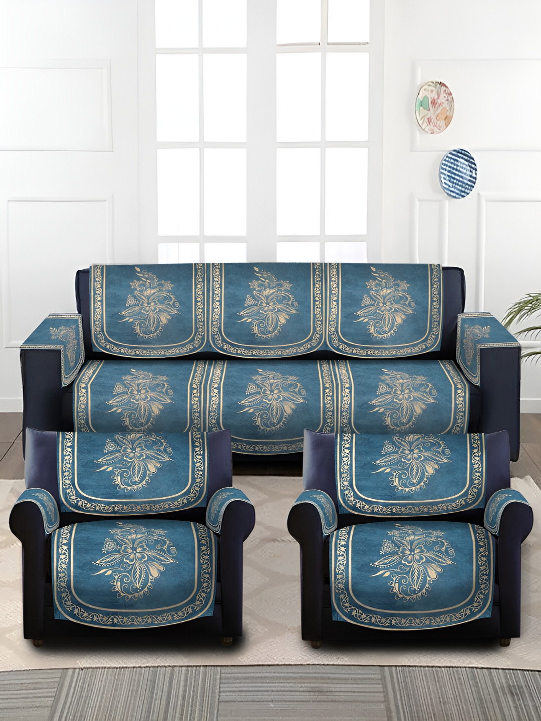 

HOSTA HOMES Blue & Beige 12 Pieces Velvet 5 Seater Sofa Cover With Arms