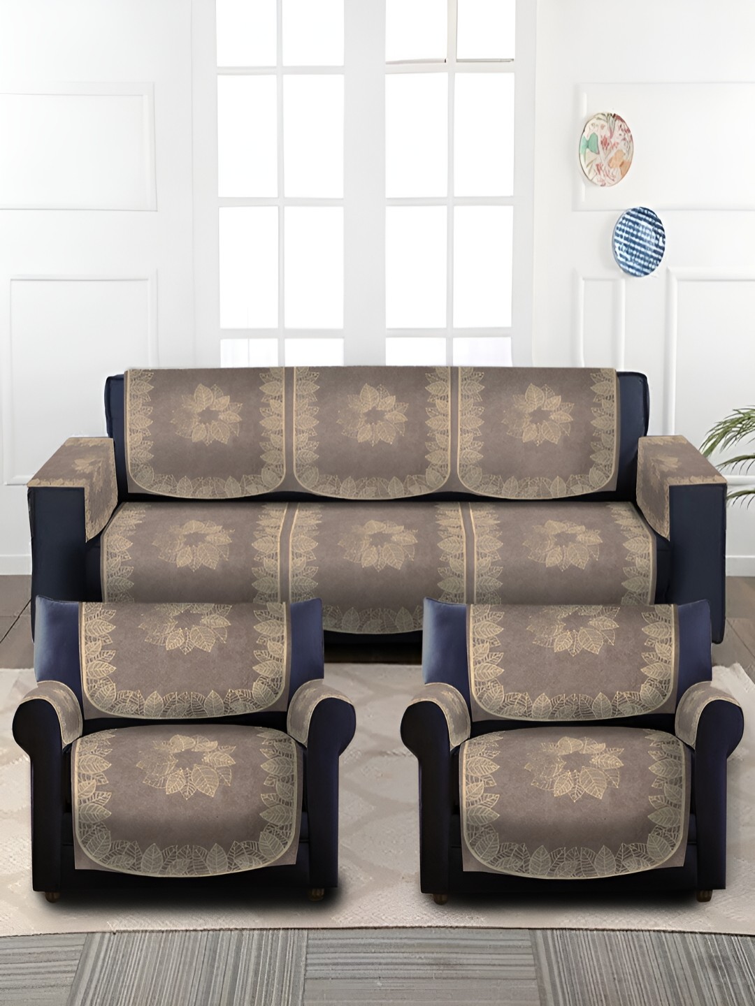 

HOSTA HOMES Brown Self Design Velvet 5 Seater Sofa Cover With Arms