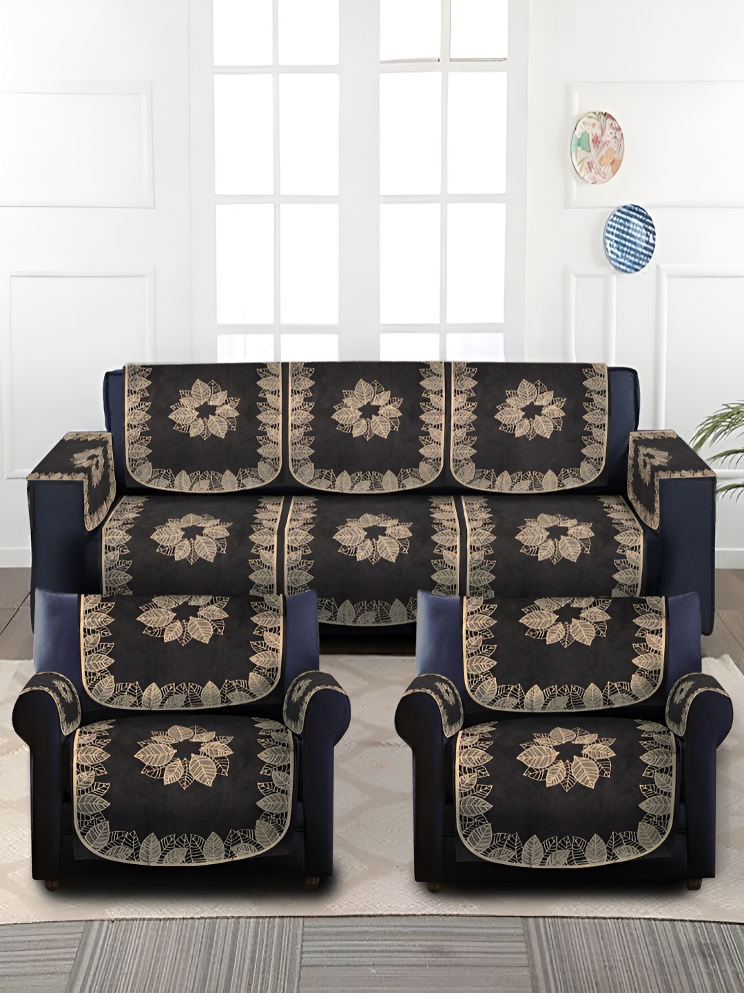 

HOSTA HOMES Black & Beige Self Design 5 Seater Velvet Sofa Cover With Arms