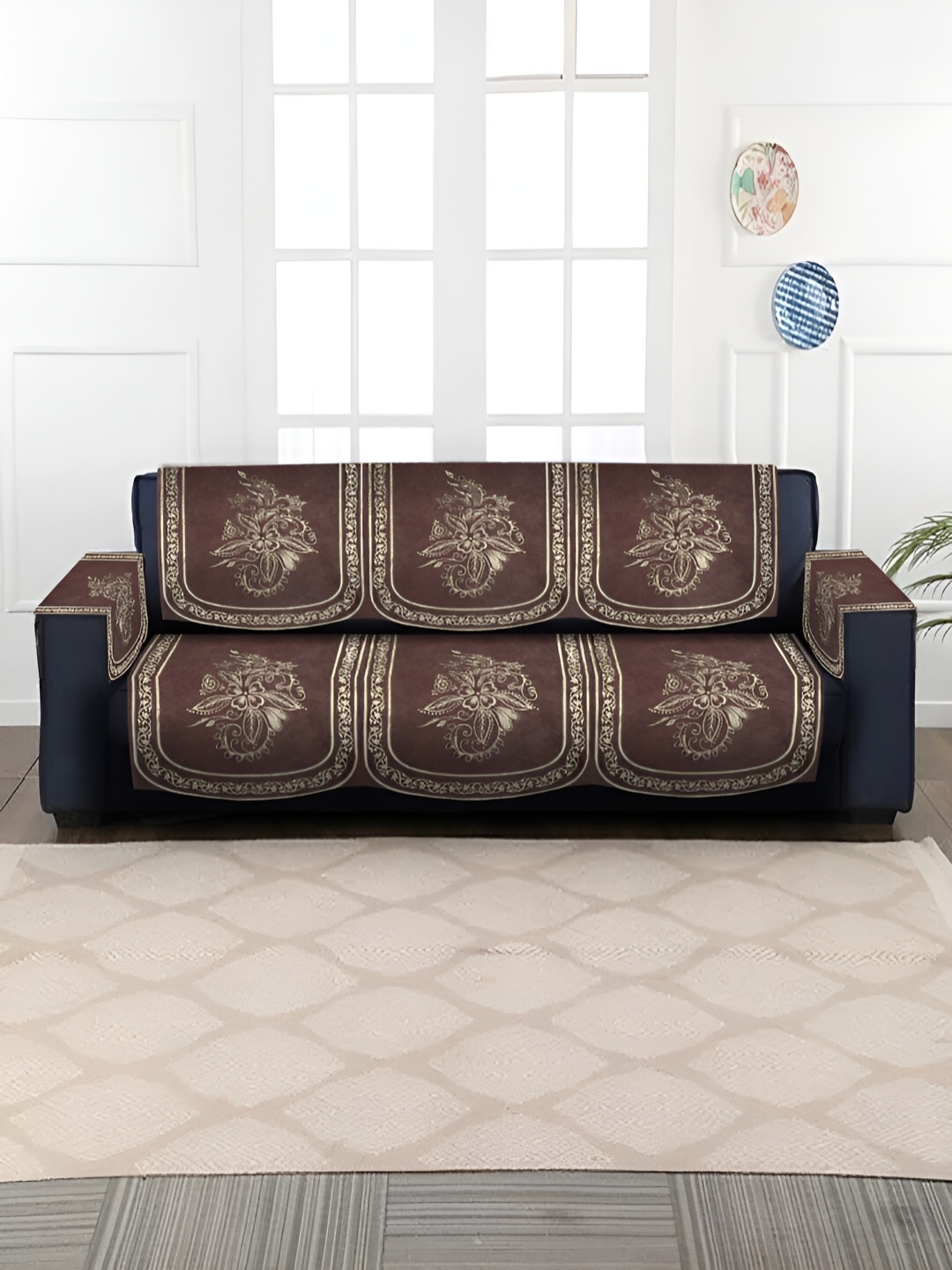 

HOSTA HOMES Coffee Brown & Golden Foil 4 Piece Velvet 3 Seater Sofa Cover With Arms