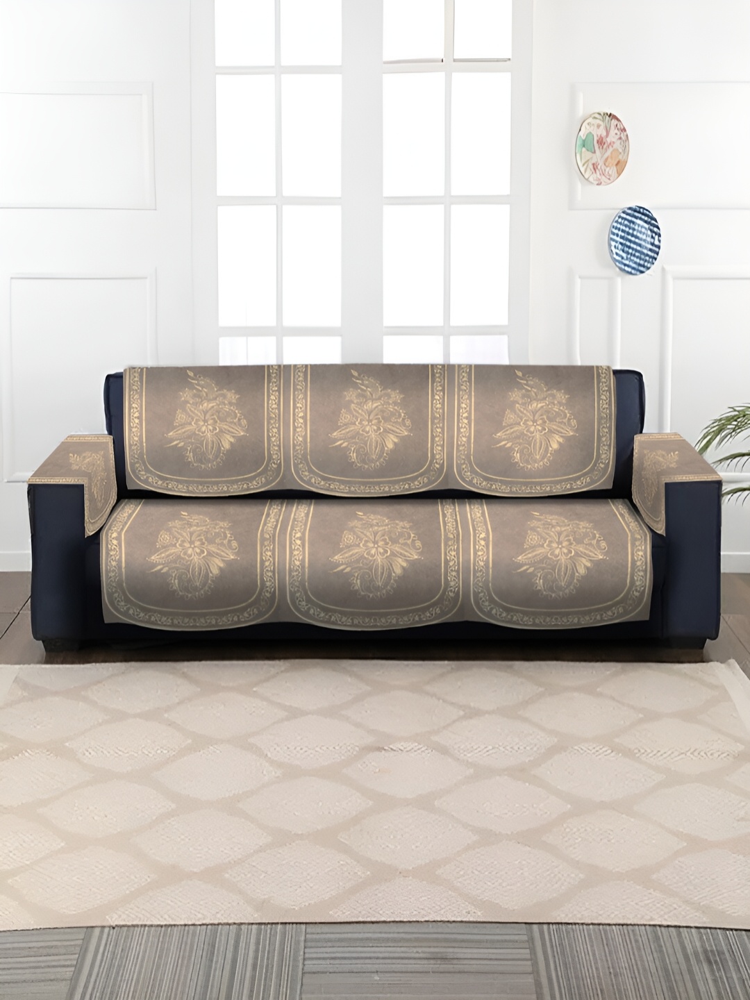 

HOSTA HOMES Brown & Beige Self Design Velvet 3 Seater Sofa Cover With Arms