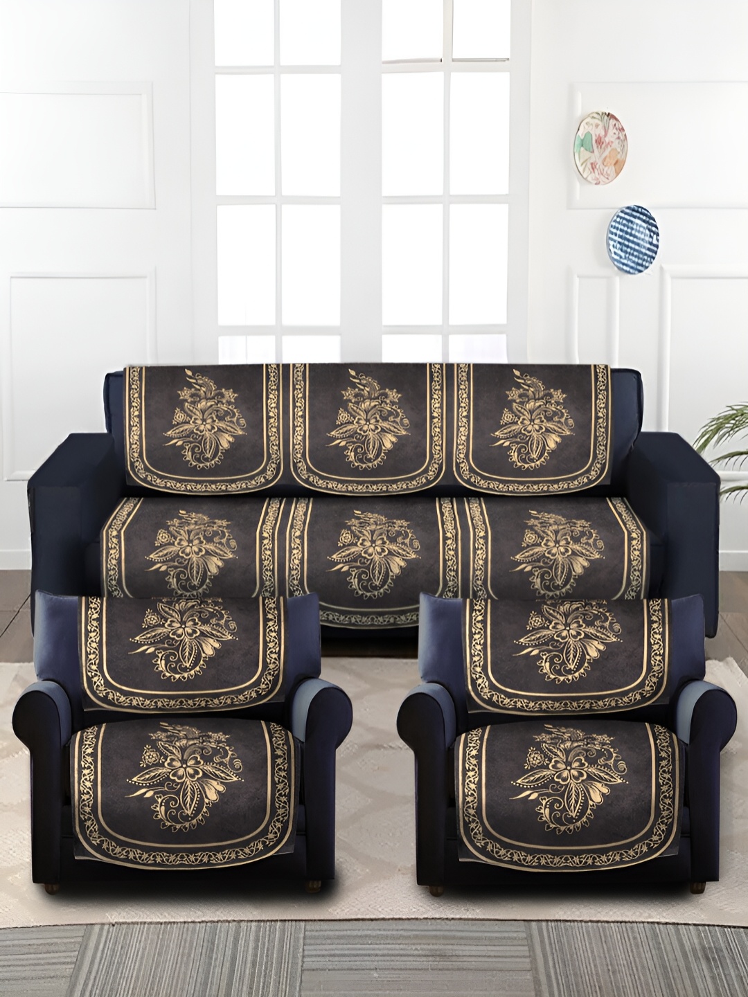

HOSTA HOMES Black & Cream-Coloured 6 Pieces Printed Velvet 5 Seater Sofa Cover