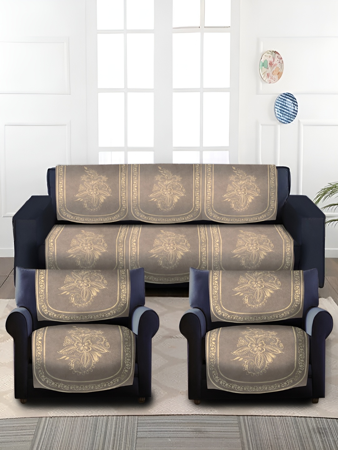 

HOSTA HOMES Brown and GoldToned 6 Pieces Velvet Sofa Covers