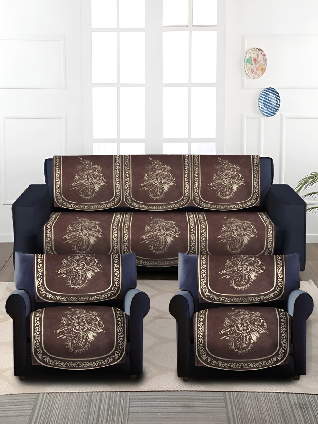 

HOSTA HOMES Coffee Brown & Beige Velvet 5 Seater Sofa Cover