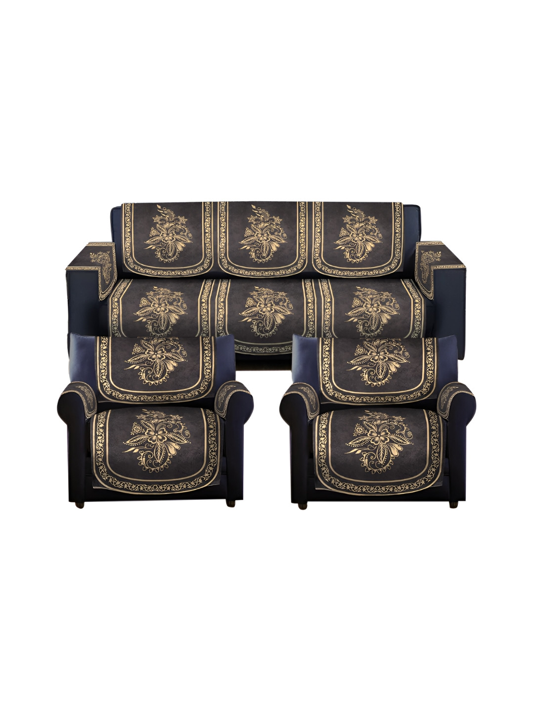 

HOSTA HOMES Black & Beige Self Design 5 Seater Velvet Sofa Cover With Arms