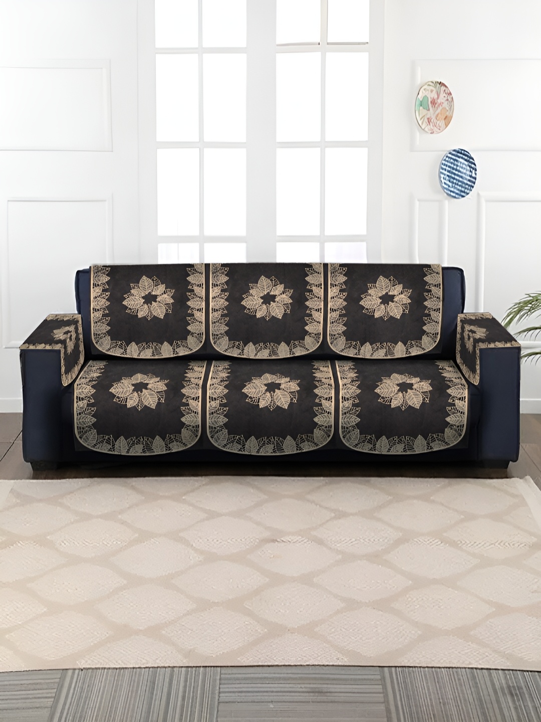 

HOSTA HOMES Black & Beige Self Design Velvet 3 Seater Sofa Cover With Arms