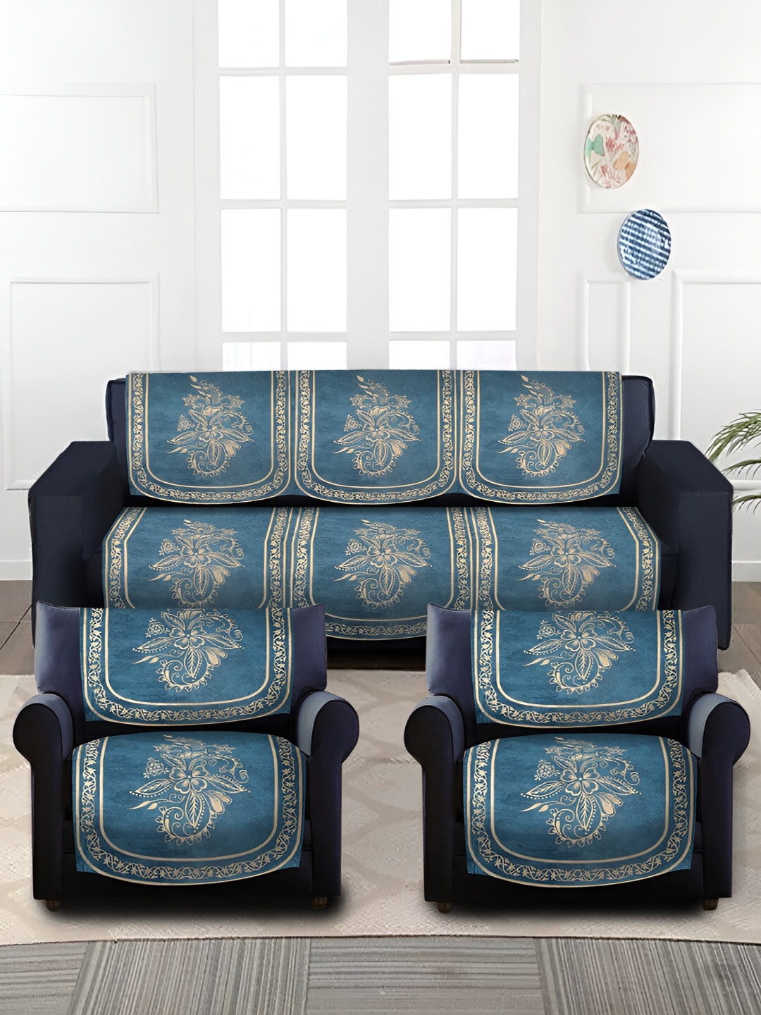 

HOSTA HOMES Blue & Beige 6 Pieces Velvet Printed Sofa Cover