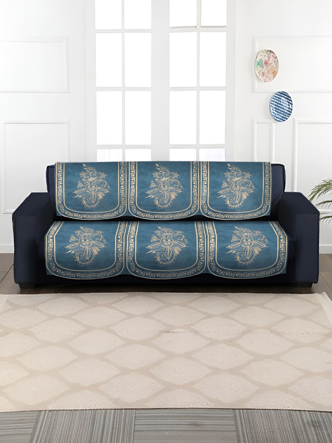 

HOSTA HOMES Blue & Beige Velvet 2 Pieces Sofa Cover