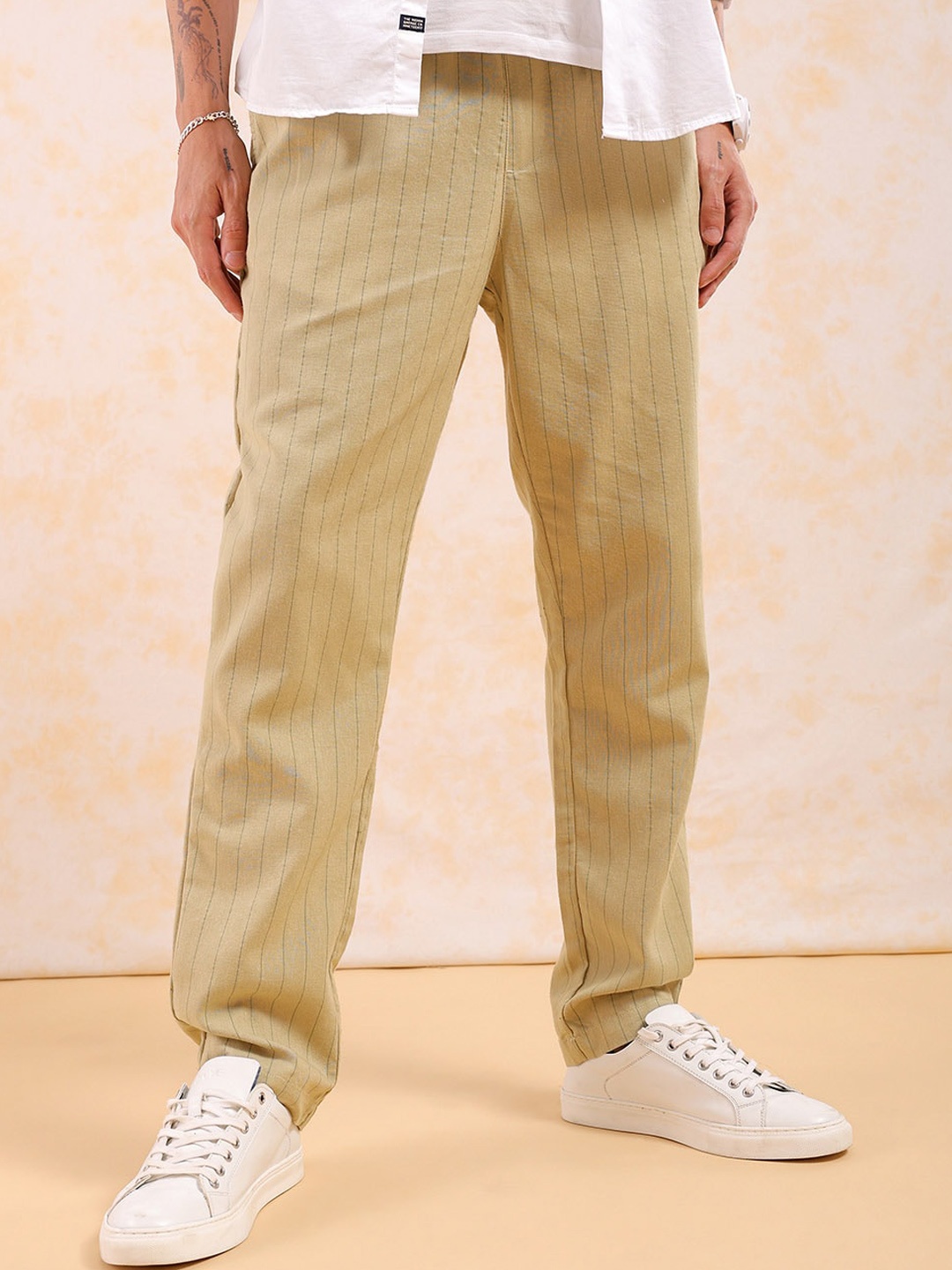 

The Indian Garage Co Men Mid-Rise Striped Trousers, Coffee brown