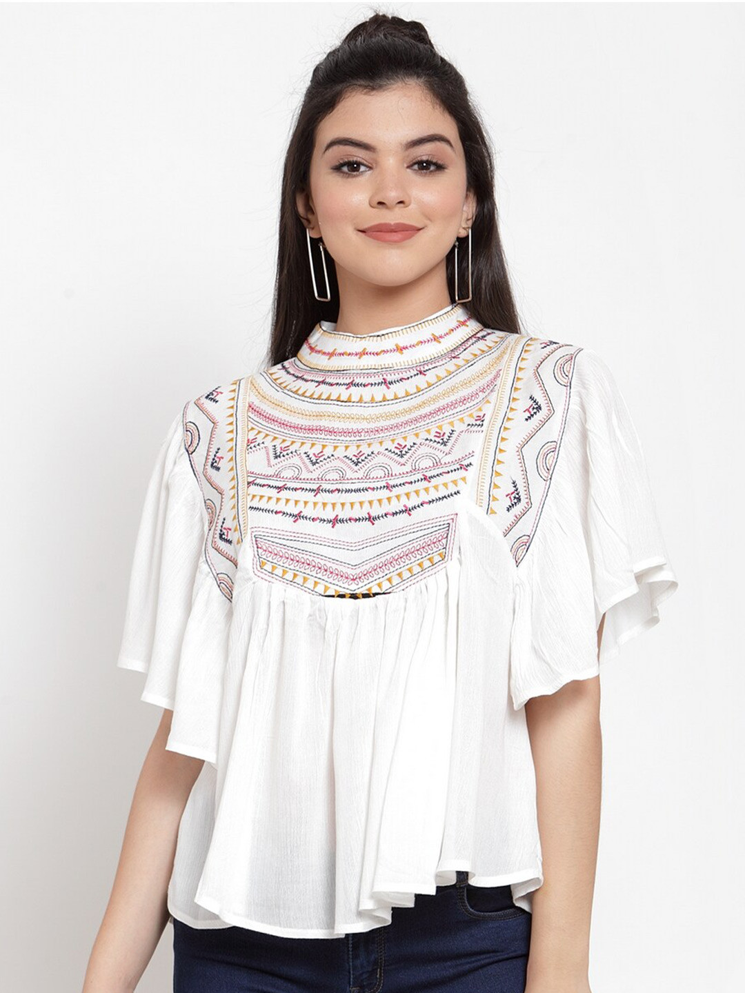 

Miaz Lifestyle Embroidered Ruffled High Neck Flared Sleeves A-Line Top, White