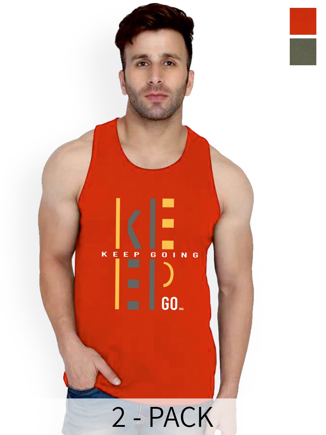 

SLOWLORIS Pack Of 2 Typography Printed Pure Cotton Bio-Wash Gym Vests, Red
