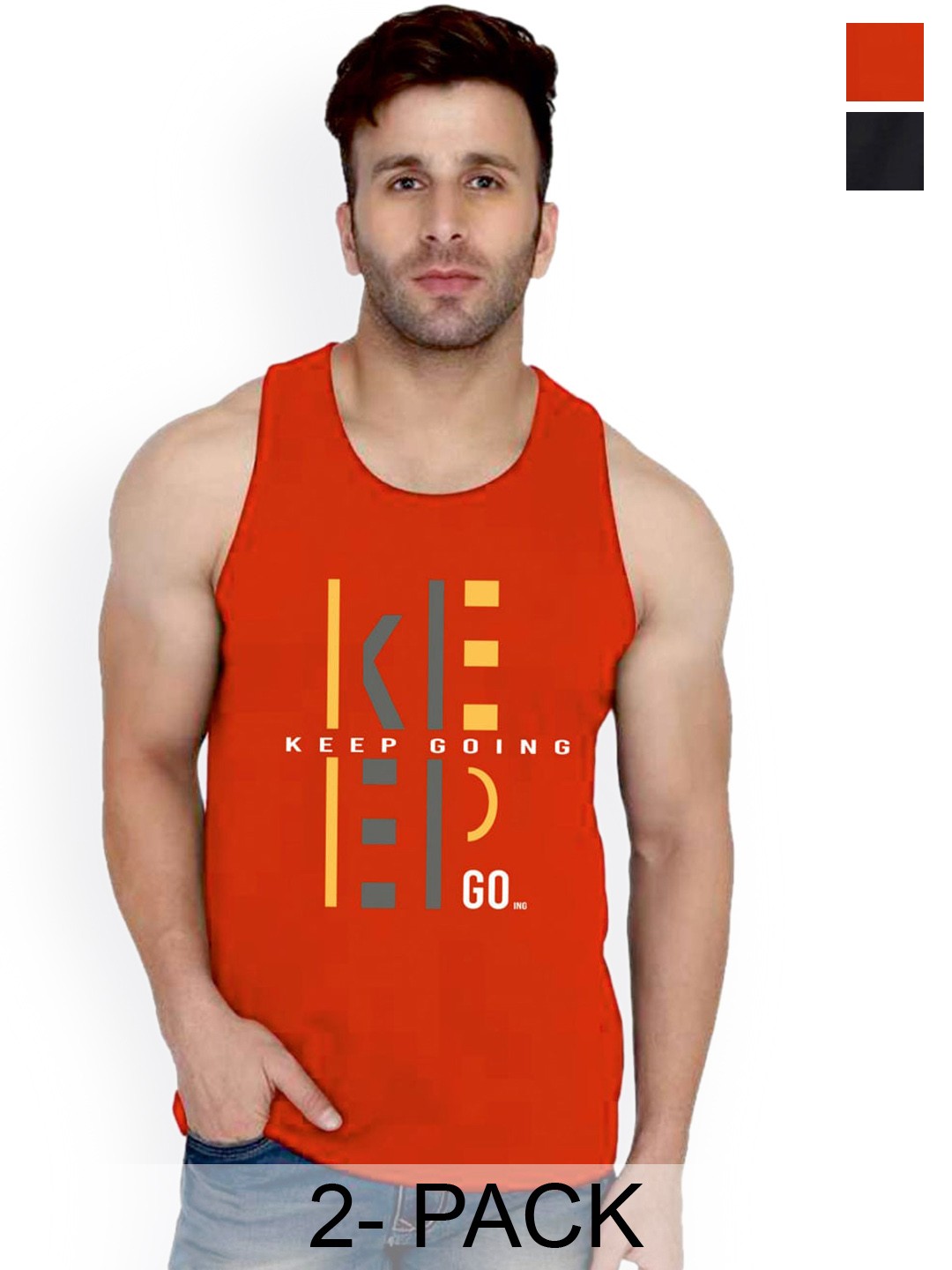 

SLOWLORIS Pack Of 2 Typography Printed Pure Cotton Bio-Wash Gym Vests, Red