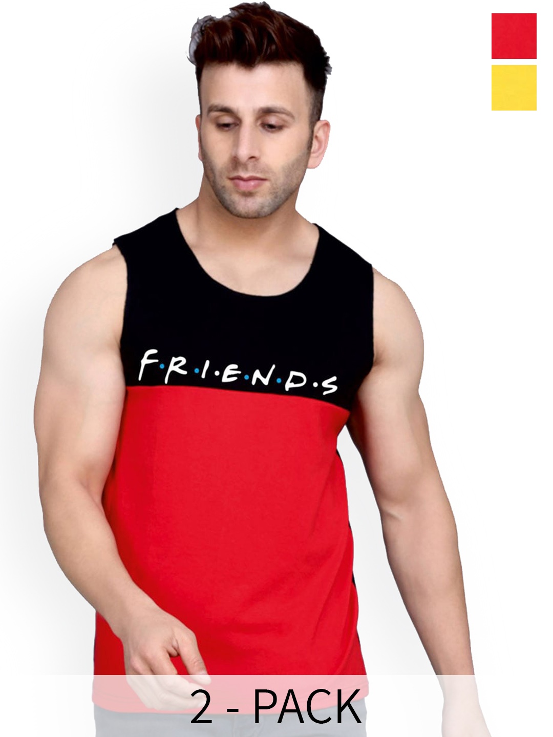 

SLOWLORIS Pack Of 2 Typography Printed Pure Cotton Bio-Wash Gym Vests, Yellow