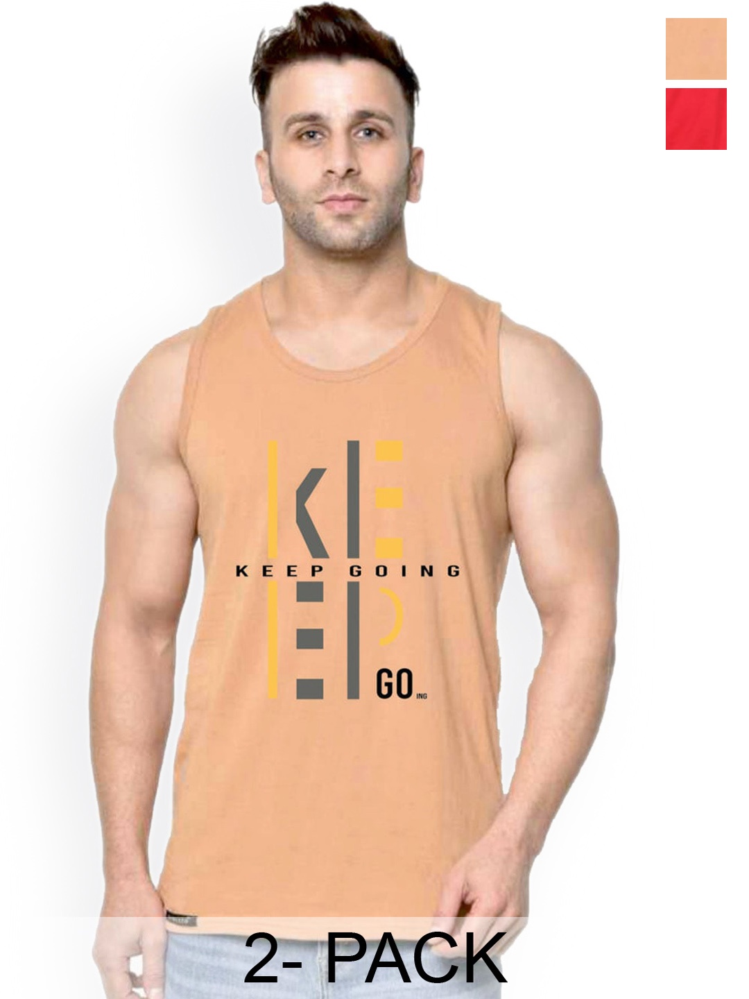 

SLOWLORIS Pack Of 2 Typography Printed Pure Cotton Bio-Wash Gym Vests, Beige