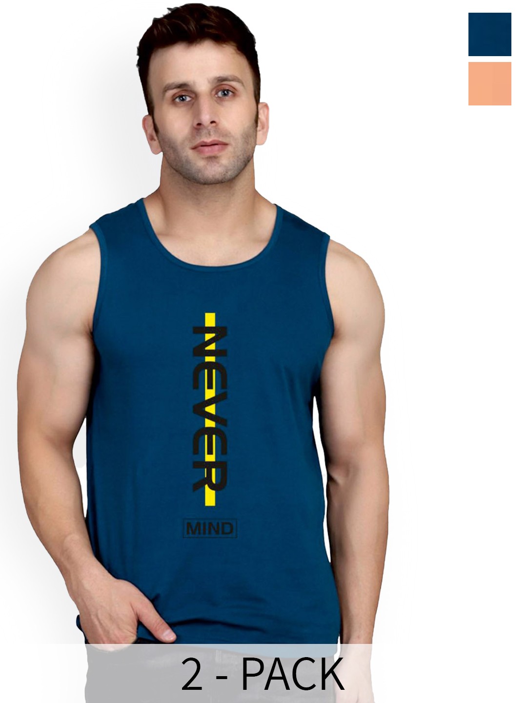 

SLOWLORIS Pack Of 2 Typography Printed Pure Cotton Bio-Wash Gym Vests, Beige