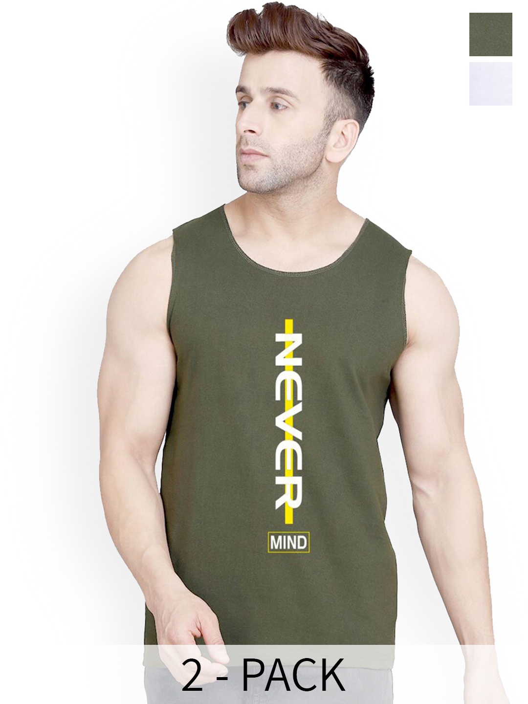 

SLOWLORIS Pack Of 2 Typography Printed Pure Cotton Bio-Wash Gym Vests, White