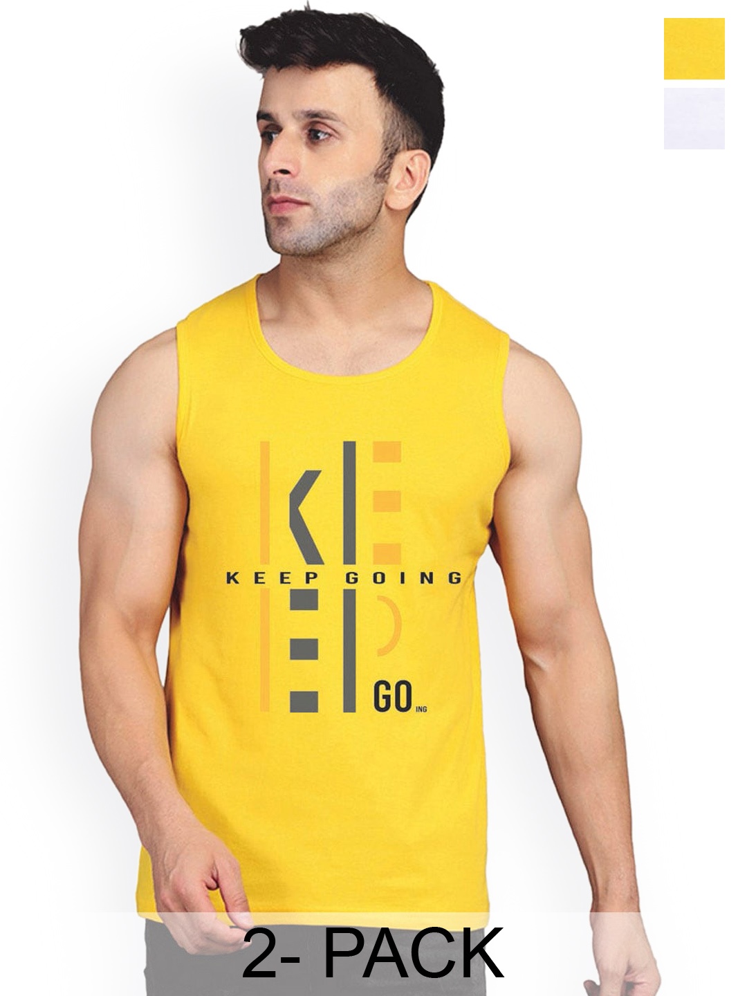 

SLOWLORIS Pack Of 2 Typography Printed Pure Cotton Bio-Wash Gym Vests, Yellow