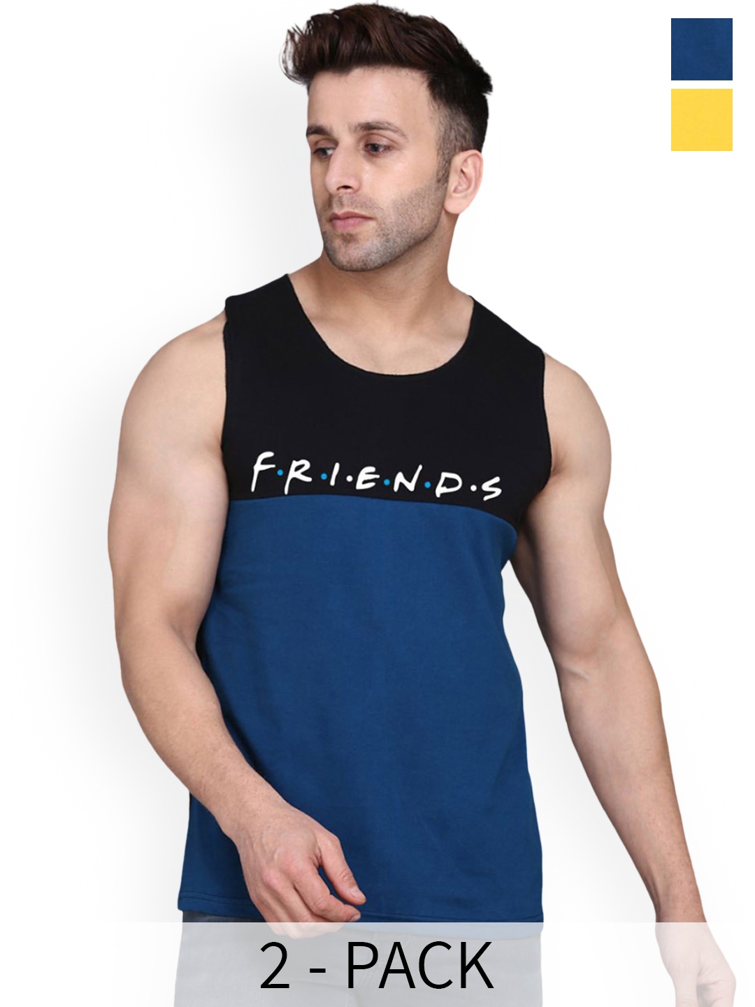 

SLOWLORIS Pack Of 2 Typography Printed Pure Cotton Bio-Wash Gym Vests, Yellow