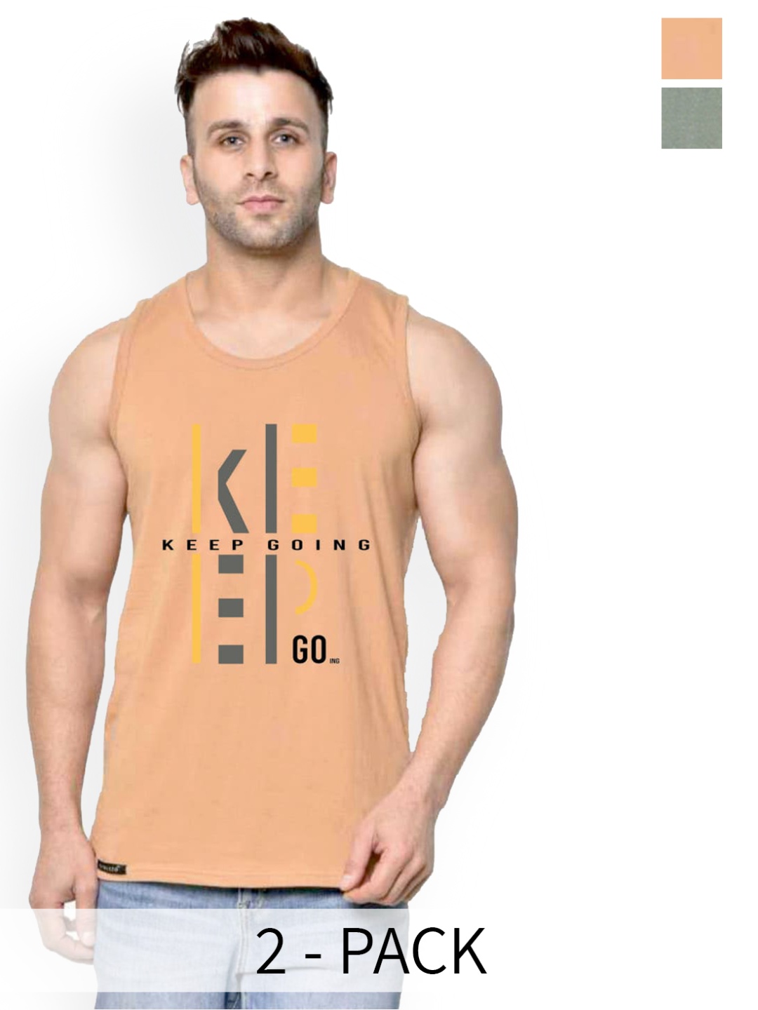 

SLOWLORIS Pack Of 2 Typography Printed Pure Cotton Bio-Wash Gym Vests, Rust
