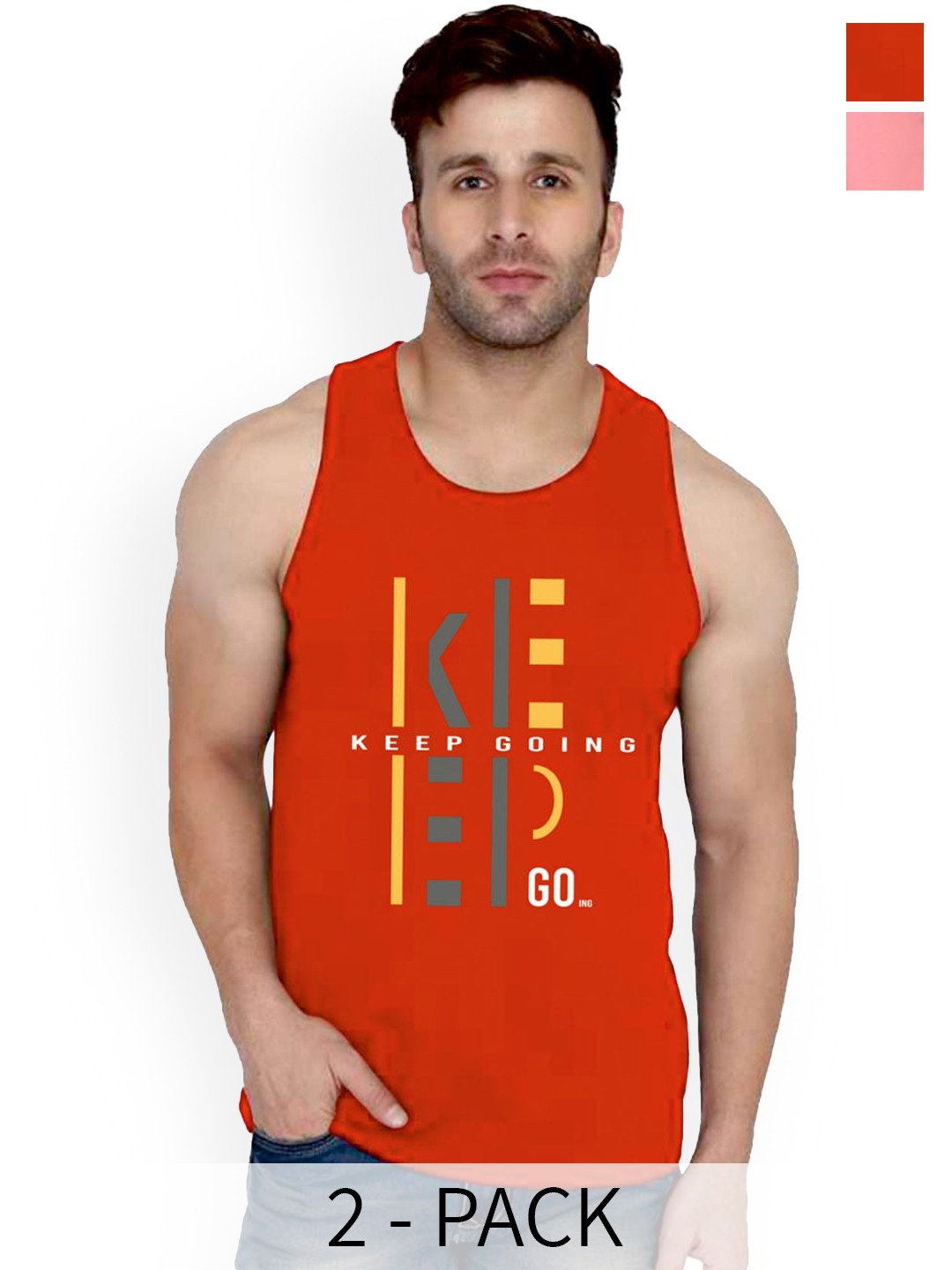 

SLOWLORIS Pack Of 2 Typography Printed Pure Cotton Bio-Wash Gym Vests, Red