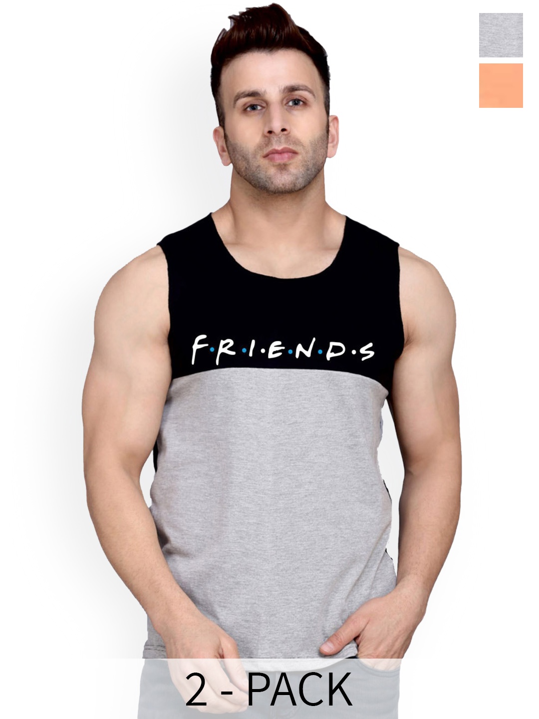 

SLOWLORIS Pack Of 2 Typography Printed Pure Cotton Bio-Wash Gym Vests, Beige