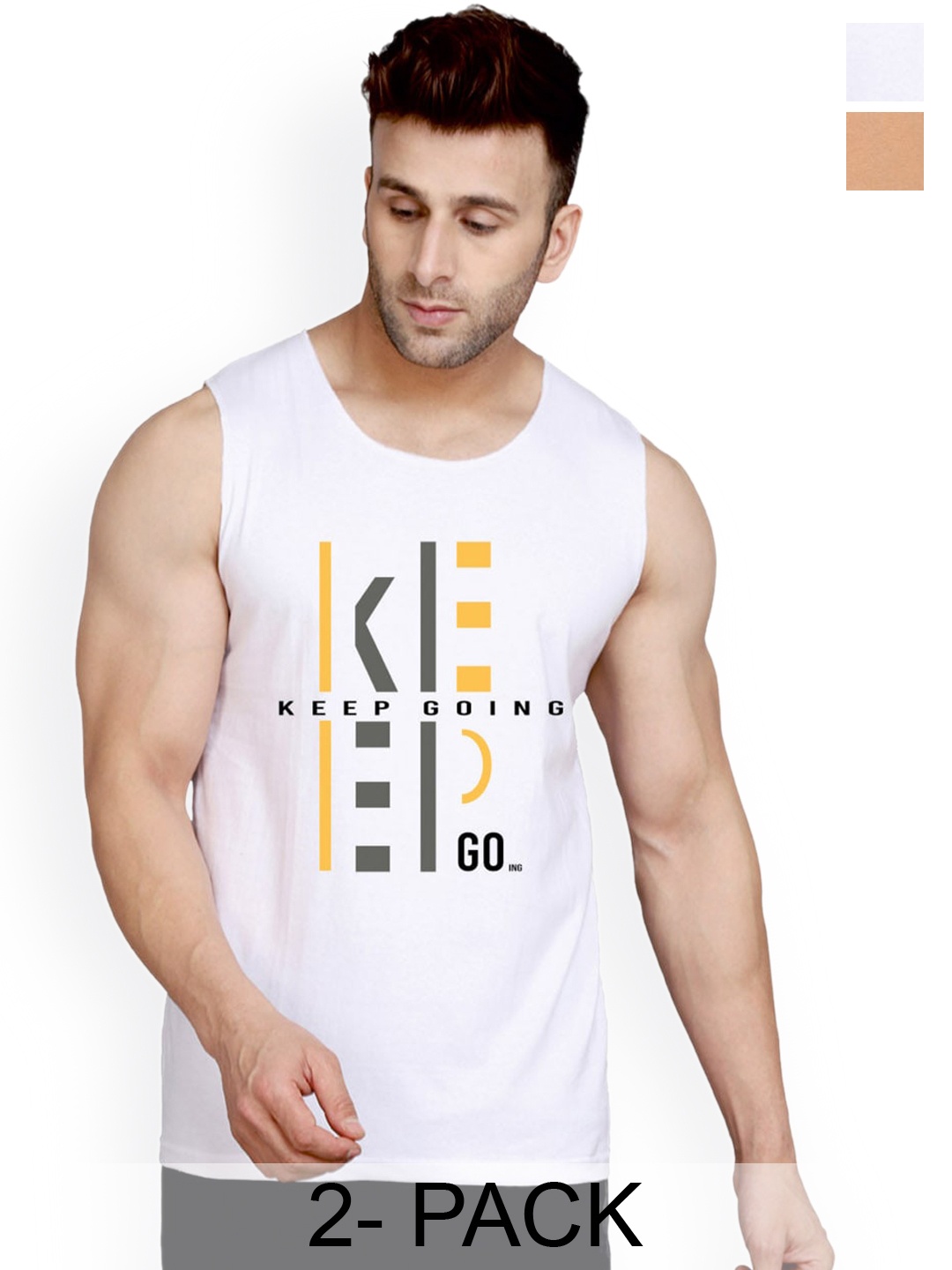 

SLOWLORIS Pack Of 2 Typography Printed Pure Cotton Bio-Wash Gym Vests, White