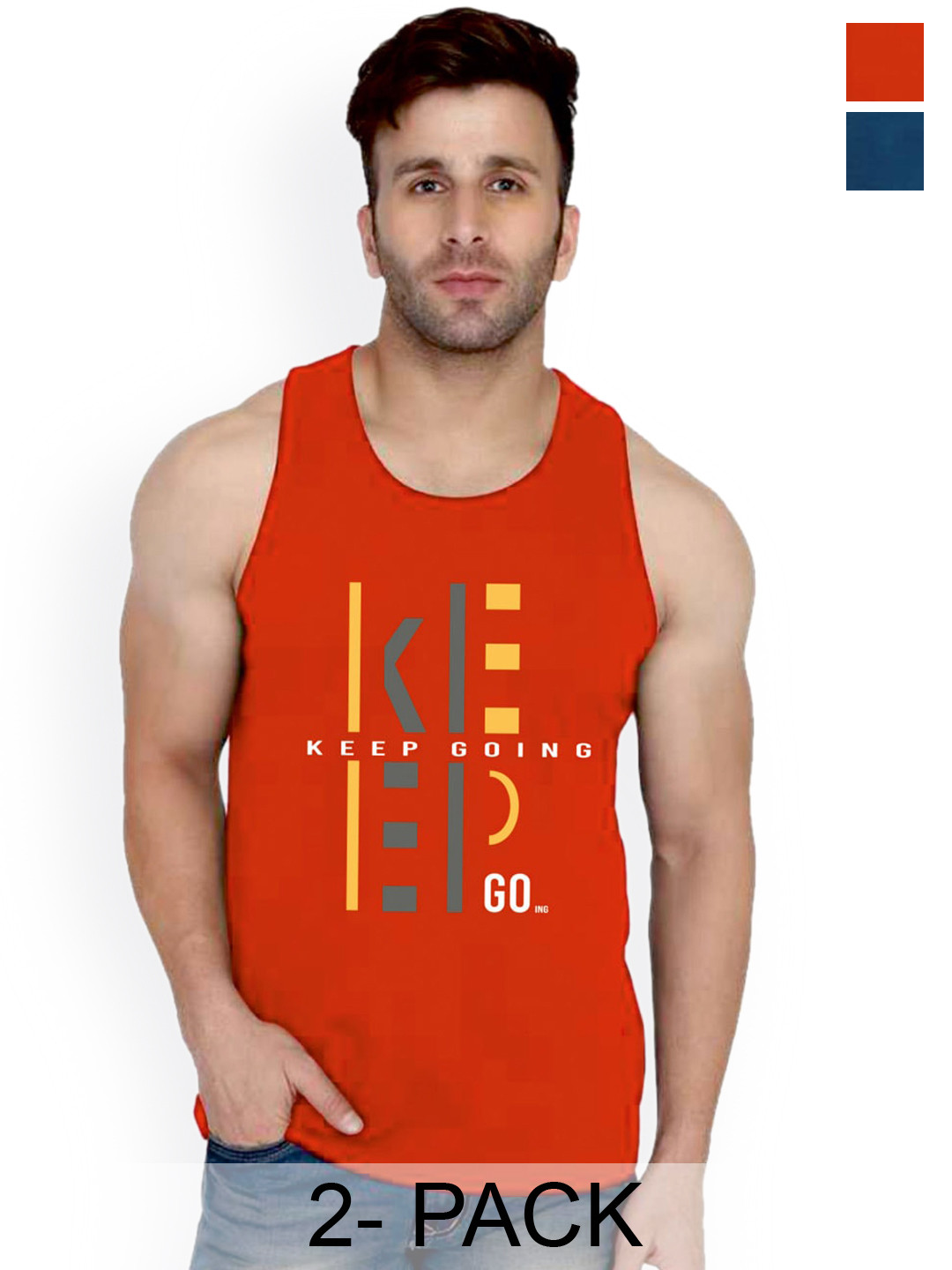 

SLOWLORIS Pack Of 2 Typography Printed Pure Cotton Bio-Wash Gym Vests, Red