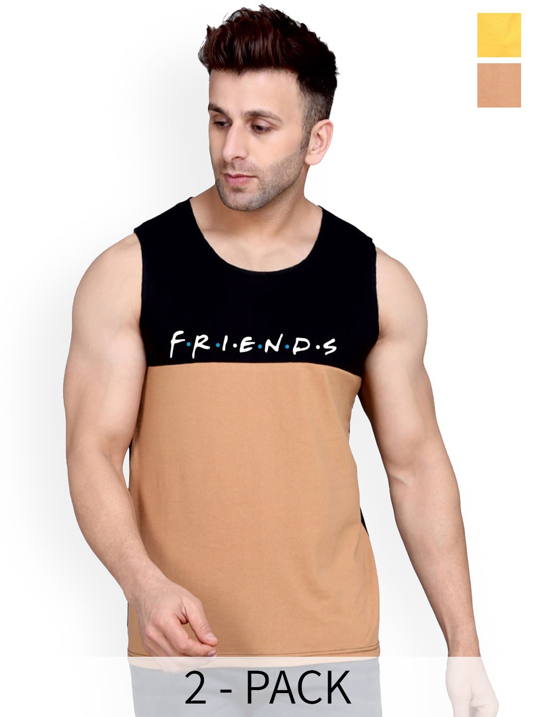 

SLOWLORIS Pack Of 2 Typography Printed Pure Cotton Bio-Wash Gym Vests, Yellow