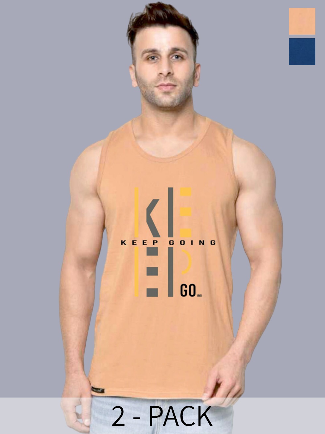 

SLOWLORIS Pack Of 2 Typography Printed Pure Cotton Bio-Wash Gym Vests, Rust