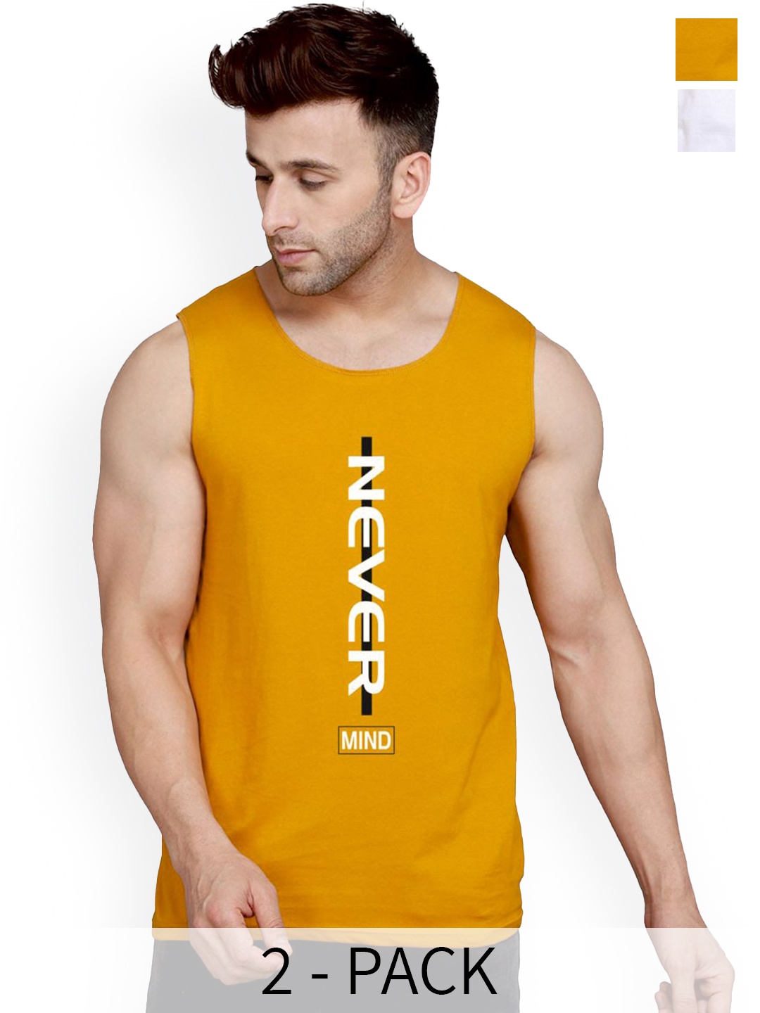

SLOWLORIS Pack Of 2 Typography Printed Pure Cotton Bio-Wash Gym Vests, White