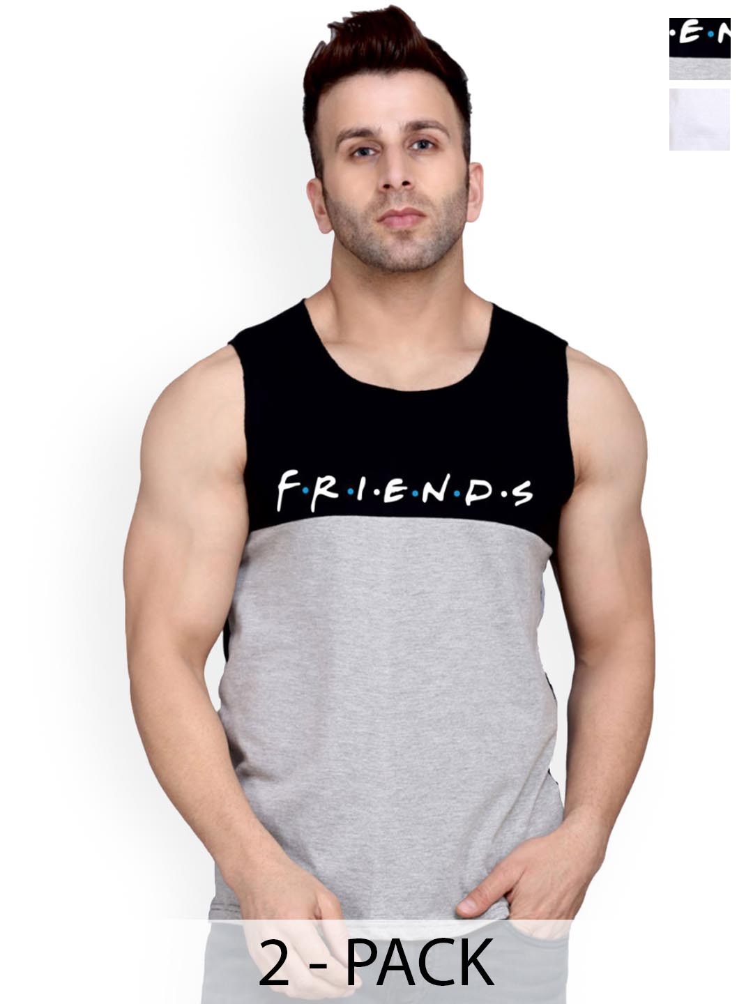 

SLOWLORIS Pack Of 2 Typography Printed Pure Cotton Bio-Wash Gym Vests, White