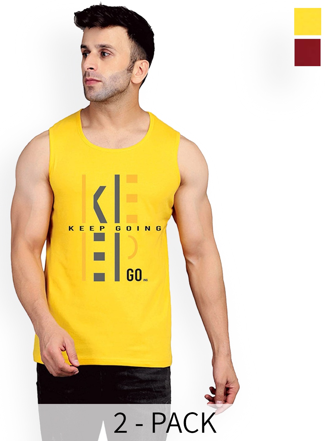 

SLOWLORIS Pack Of 2 Typography Printed Pure Cotton Bio-Wash Gym Vests, Yellow
