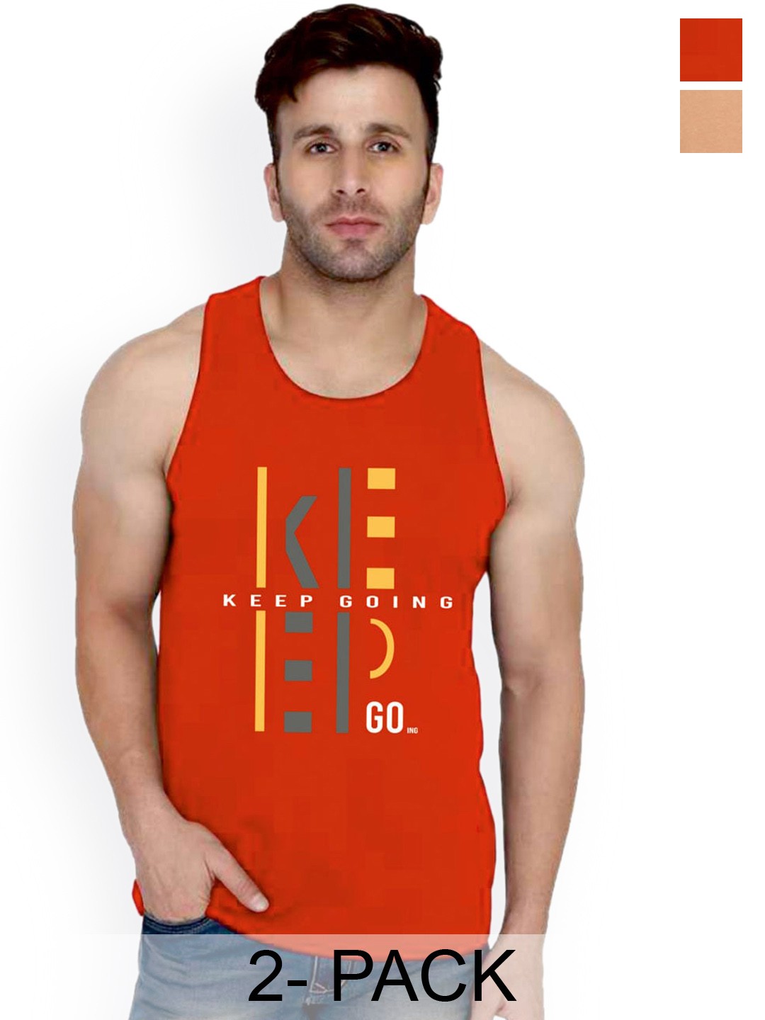 

SLOWLORIS Pack Of 2 Typography Printed Pure Cotton Bio-Wash Gym Vests, Red